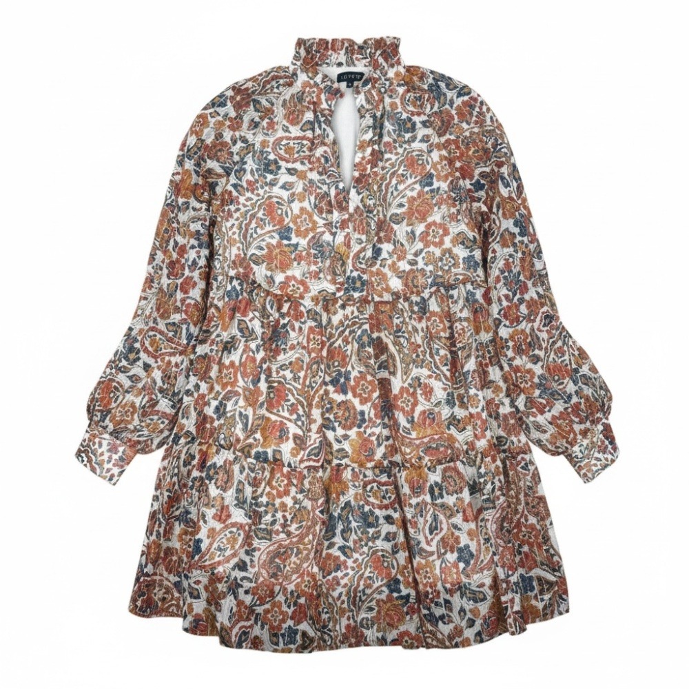 1.STATE Floral Paisley Tiered Dress Metallic Gold Stripe Long Sleeve Ruffle M